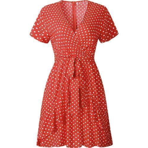Popular Summer Womens Polka Dot V Neck Wrap Mini Dress Hot Sale Ladies Short Sleeve Casual Beach Holiday Party Dress Four Color
