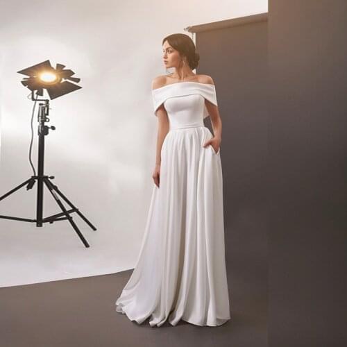 Simple Design Satin Long Wedding Dresses 2021 A-Line Off the Shoulder Beach Greek Country Boho Wedding Dresses