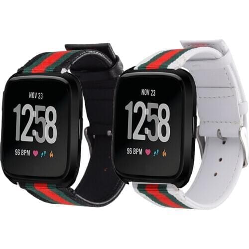 22mm Genuine Leather Strap Nylon Band for Fitbit Versa 2 / Versa Lite / Versa 1/ SE Replacement Watchband