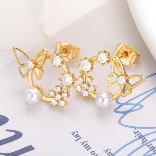 Classic Pearl Crystal Korean Exaggerated Butterfly Stud Earrings Sweet Flower Cirlce Jewelry Fashion Brincos Gift For Women