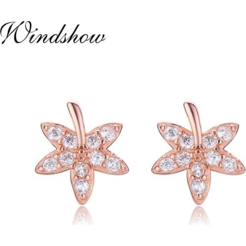 Cute 925 Sterling Silver Rose Gold Color CZ Maple Leaf Stud Earrings For Women Girls Kids Piercing Jewelry Orecchini Aros Arete