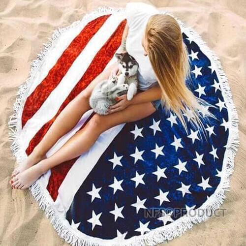 USA Flag Round Beach Towel 150x150cm Polyester Beach Mat Carpet Blanket Sun Protective Shawl Cape With Tassel Pool Swim Towels