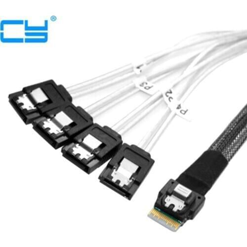 Slim Line SAS 4.0 SFF-8654 4i 38pin Host to 4 SATA 7pin Target Hard Disk Fanout Raid Cable 50cm