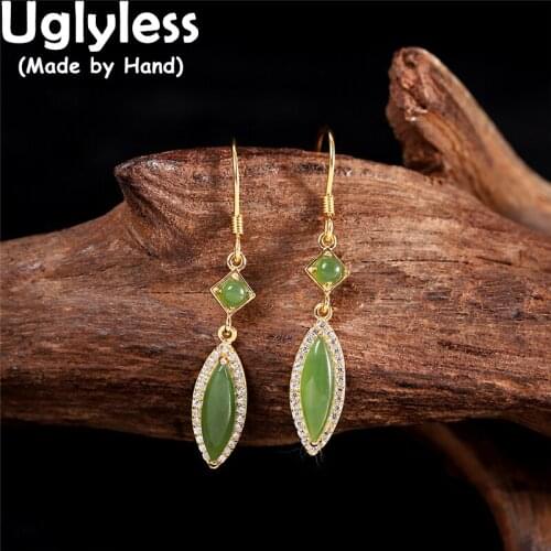 Uglyless Elegant Water Drop Gemstones Jasper Earrings for Women Natural Green Jade Earrings Shinning Crystals Brincos 925 Silver