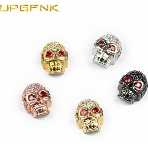 UPGFNK 2pcs Red eyes Skull Pendant Copper Spacer beads White Zircon Charms Loose beads for Jewelry making bracelet Necklace DIY