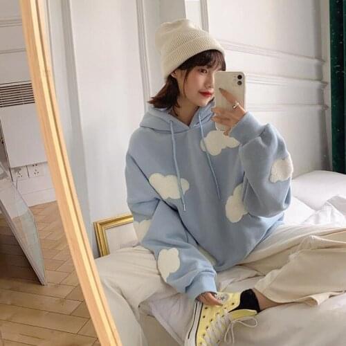 Spring Elegant Cloud Sweater Womens Sweatshirt Plus Velvet Warm Long Sleeve Top Hoodie Cloud Pattern White Hoodies Women