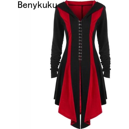 Gothic Punk Women Patchwork Long Sleeve Hoodies Halloween Cosplay Jacket Medieval Hooded Tops Female Autumn Lace-Up Coat Outwear