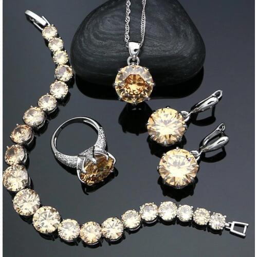 Silver Jewelry Sets For Women Champagne Cubic Zirconia White Crystal 925 Silver Earrings Pendant Ring Bracelet Necklace Sets