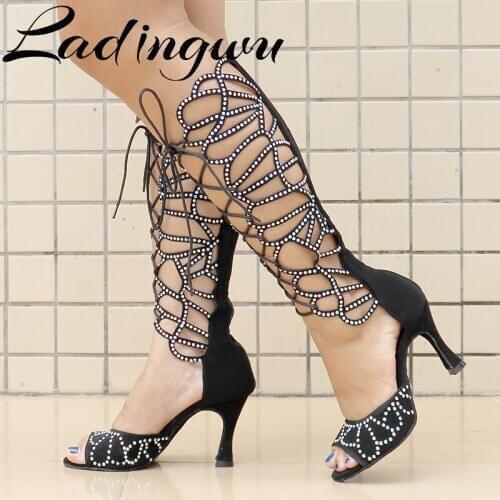 Ladingwu Women Dance Shoes Black Red White Suede Rhineston Dance Boots for Girls Soft Sole Salsa Dance shoes for Wedding Sandals