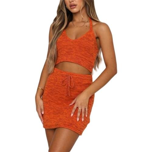 Women’s Sexy Summer Suit Fashion Solid Color Halter Bandage Crop Tops and Tight Short Lace-up Skirt Knitted 2 Piece Set