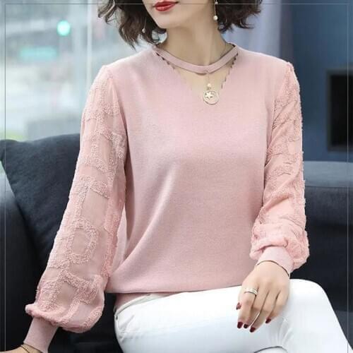 Loose Chiffon Long Sleeve Patchwork V-Neck Ladies Knitwear Spring Chain Decoration Pullovers Elegant Knitted Jumper Tops Women