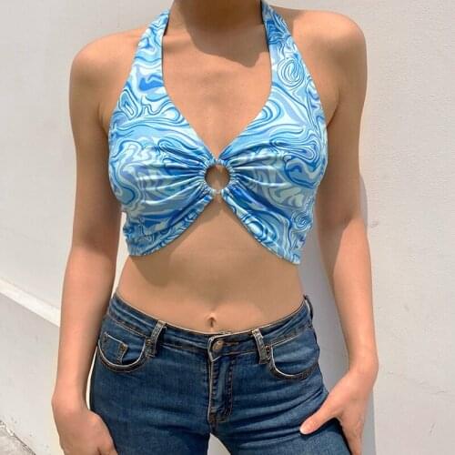 Paisley Print Cute E-Girl Bustier Crop Tops Women Y2K Aesthetic Bandage Halter Summer Beach Top Female Backless Sexy Tanks Camis