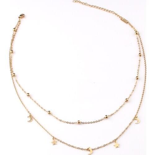 Women Multilayer stainless steel Pendant Necklace Gold silver Color Beads Moon Star Horn Crescent double chain Choker Necklaces