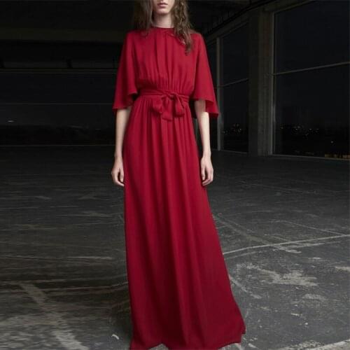 Beach Dress Vintage Dress Top Fashion Summer A-line O-neck Half Sashes Womens 2020 New French Wine Retro Elegant Belt Long