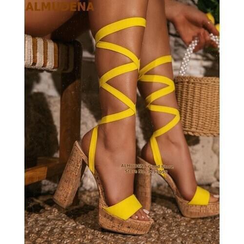 ALMUDENA Wood Pattern Chunky Heels Corks Platform Gladiator Sandals Yellow Nude Black Suede Cross Strappy Nightclub Shoes Women