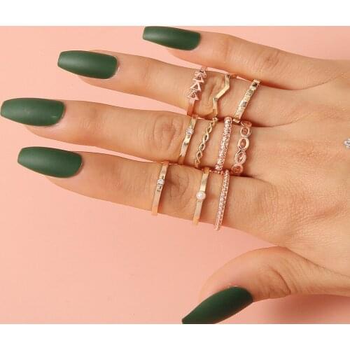 Bohemian Retro Crystal Wave imitation pearl Geometric irregularity Gem golden rose goldRing Set Women Wedding Anniversary Gift