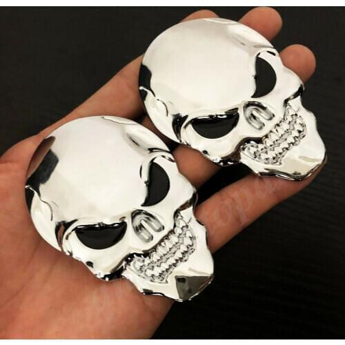 2x 3D Big Chrome Metal Skull Skeleton Evil Bone Car Emblem Badge Decal Sticker