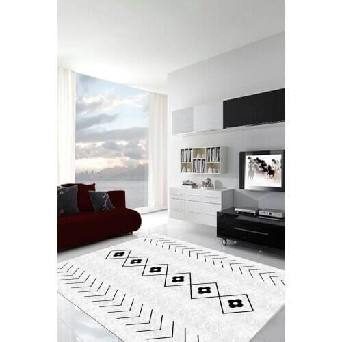 Black Geometric Pattern White Carpet (Machine Washable Slip-Resistant Leather Sole 100cm X 300cm) - CP615