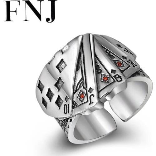 FNJ 925 Silver Ring Playing cards Jewelry New Red Zircon Stone S925 Sterling Thail Silver Rings for Men Adjustable Size 7-11