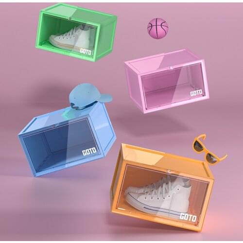 GOTO 2Pcs Macaron Color Magnetic Door Footwear Sneaker Storage Display Stackable Thick PP Box Case Container Closet Shoe Wall