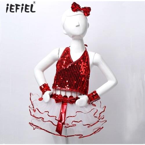IEFiEL Kids Girls Jazz Modern Dance Costumes Outfit Sparkly Sequins Halter Crop Top Tutu Dress Skirt School Stage Performance