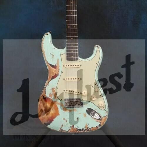 Customized body and headstock electric guitar, sea blue top relic bottom burst color effect, relic parts, old aed guitar