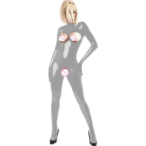 Women Pole Dance Costume Long Sleeve PVC Patent Leather Bright Leather Open File And Open Chest Tight cosplay Jumpsuit XS-7XL