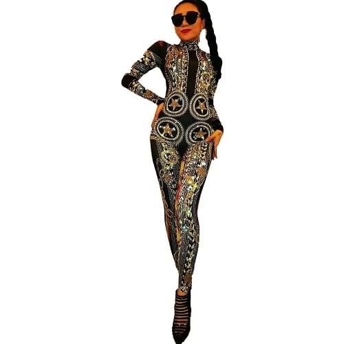 Personality Pattern Printing Sparkling Rhinestones Tights Jumpsuit Women Backless Rompers Ladies Nightclub Performance Costume