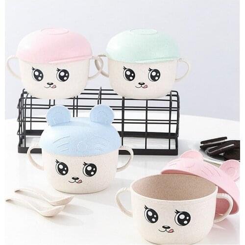2Pcs/Set Baby Feeding Food Tableware Wheat Cartoon Kids Dishes Children Eating Dinnerware Set Anti-hot Plate Training Bowl+spoon