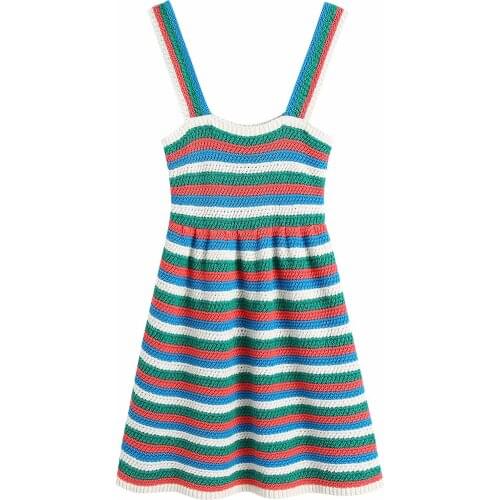 New Women Vogue Striped Knitted Mini Dress Straps Slash Neck Vintage Female Dresses Woman robe femme