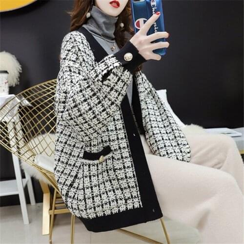 Autumn Knitwear 2021 Fashion Loose Knitted Plaid Sweater Pockets Single Breasted Casual Stylish Oversize Cardigans