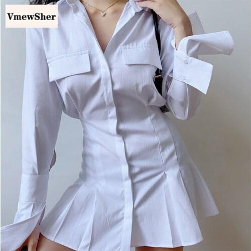 VmewSher Autumn Long Sleeve White Pleated Shirt Dress Women Casual Turn Down Collar Mini Dress Lady A Line Office Vestidos 2020