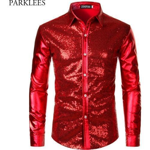 Red Sequin Metallic Patchwork Shirt Men 2019 New 70s Disco Nightclub Sparkle Shirt Mens Halloween Party Stage Prom Costume 2XL