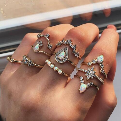 Pack of 10 combination geometric knuckle rings for women with crown /stars/water drop and inlaid opal design female ortak halka