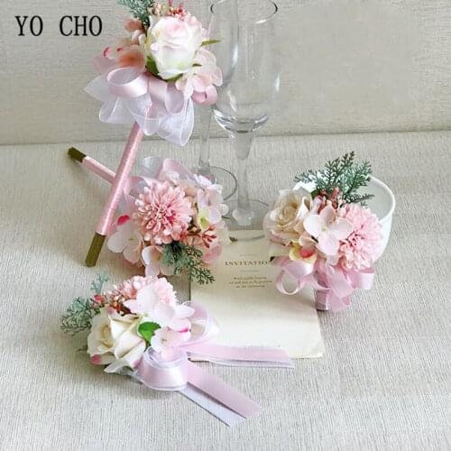 YO CHO Wedding Accessories Boutonnieres Pink Red Roses Ribbon Silk Corsages Boutonnieres Marriage Wedding Boutonniere for Guests