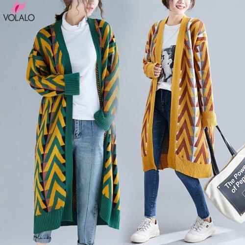 Women Long Sweater Cardigans 2020 Autumn Winter Long Sweater Jacket Geometric Knit Cardigans Long Overcoat Winter Coat Woman