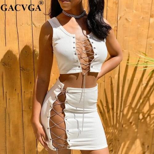GACVGA 2020 Summer Knit Sexy Chain Two Piece Set White Black Women Sleeveless Crop Top And Skirts Sets Ladies Casual Outfits