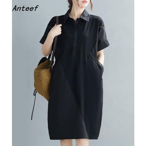 Short sleeve black cotton vintage dresses for women casual loose midi woman summer dress elegant clothes 2021 sundress