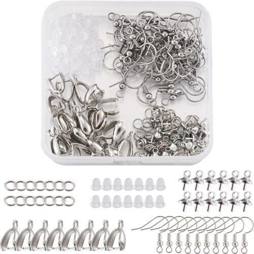 1 Box DIY Earring Making Accessories with Stainless Steel Earring Hooks, Plastic Ear Nuts, Pendants & Ice Pick Pinch Bails