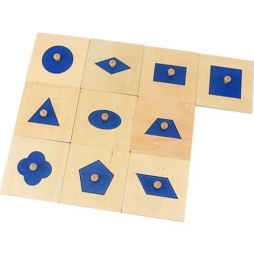 10Pcs Family Version Montessori Wood Blue Geometric Shapes Panel/Insets Wooden Pegged Sensorial Toys for Children Preschool Aids