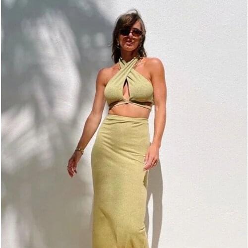 2021 Summer Women Y2K Green Bandage Backless Tank Top Female Sexy Streetwear Elasticity Club Crop Top Ladies Fashion Halter Tops