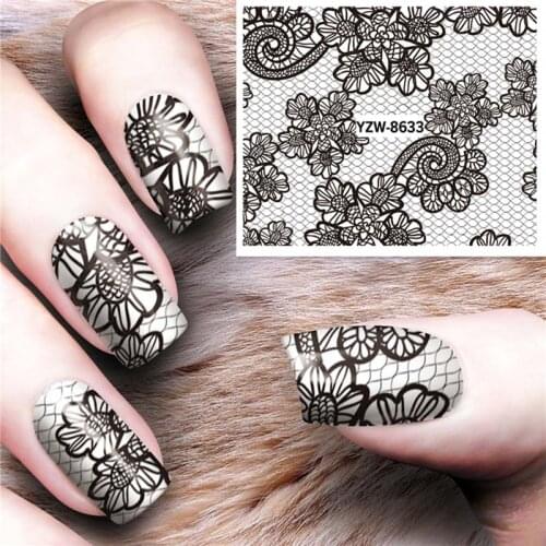 Black lace nail art sticker water transfer nail foils daisy flower plant image printing manicure ultra thin slider wraps FW023
