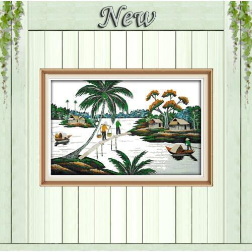 Hometown riverside Vietnam scenery painting counted print on canvas DMC 11CT chinese Cross Stitch Needlework Set Embroidery kits