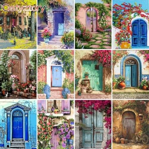 GATYZTORY Oil Painting By Numbers For Adults Children Handmade Diy Gift Blue Door Landscape Picture By Number For Home Wall Deco