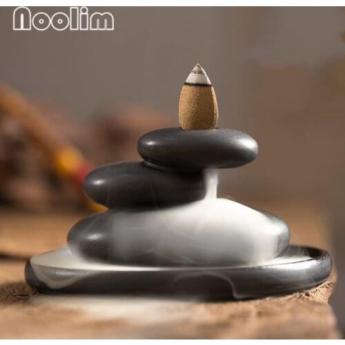 Ceramic Stone Shape Backflow Incense Burner Incense Holder Smoke Waterfall Aromatherapy Censer Home Office Decor + 10pcs Cones