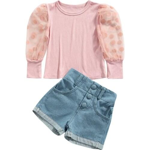 Little Girls Summer Casual 2Pcs Outfits, Polka Dots Print Long Puff Sleeve O-Neck Tops+Button Decoration Denim Shorts, 1-6Years