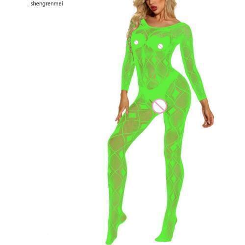 New Arrive Women Crotchless Sleepwear Sexy Lingerie Long Sleeve Grid Pattern Jumpsuit Open Crotch Pajama Hot Teddies & Bodysuits