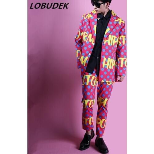 Korean Style Trendy Men Pink Letter Pattern Loose Blazers Suit Bar Nightclub Male Singer Concert Stage Suits Rap Hip Hop Costume