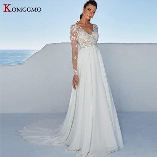 100% Real V-Neck Full Sleeve Chapel Train A-Line Wedding Dress Luxury Embroidery Appliques Tulle Button Back Bridal Gown 2021