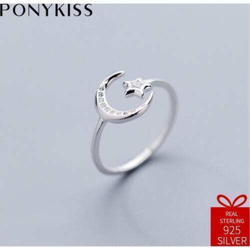 PONYKISS Trendy 100% 925 Sterling Moon Star Ball Opening Resizable Zircon Ring Jewelry Women Birthday Party Anniversary Gift